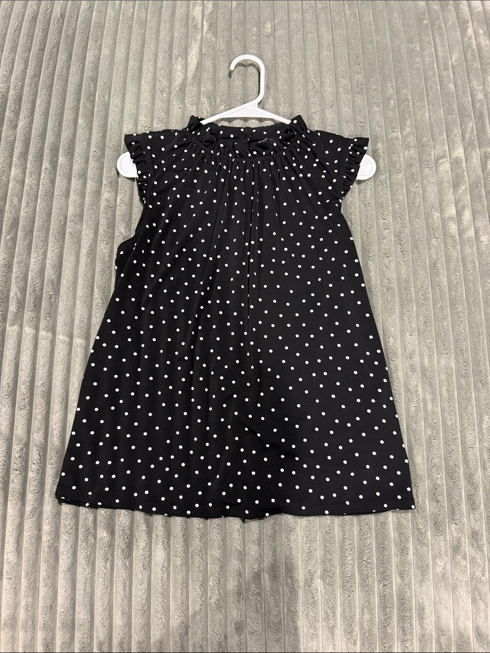 Adrianna Papell Black with White Polka Dot Ruffled Neck Sleeveless Top